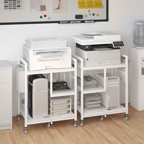 Sedegn Large Printer Stand with Wheels: Lockable Rolling Printer Cart | 24 x 18 Inch Top Fits Laser Printers Shredders and PC Towers 3-Outlet Power Strip and Storage Bag for Home Office (White) - color: Matte White
