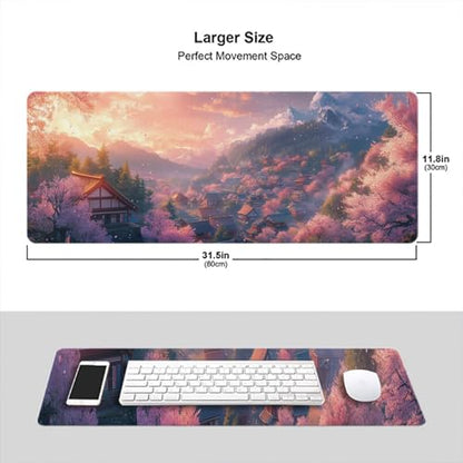 Anime Cherry Blossoms Gaming Mouse Pad Desk Pad 31.5 x 11.8 Inch Mountains Pink Sky Village Mousepad XL Large Gaming Mouse Pad Laptop Keyboard Mat Desk Pad Office Computer Keyboard Laptop Home - color: Anime Cherry Blossoms, size: 11.8W x 31.5L inches