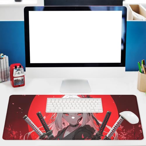 Anime Samurai Girl Gaming Mouse Pad Red Moon Gothic Large Desk Mat with Stitched Edges,Non-Slip Waterproof Rubber Base Mouse Mat Office Computer Keyboard Laptop 31.5"x11.8" - color: Anime Samurai Girl