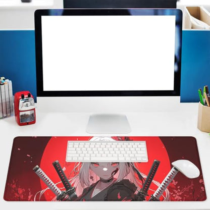 Anime Samurai Girl Gaming Mouse Pad Red Moon Gothic Large Desk Mat with Stitched Edges,Non-Slip Waterproof Rubber Base Mouse Mat Office Computer Keyboard Laptop 31.5"x11.8" - color: Anime Samurai Girl
