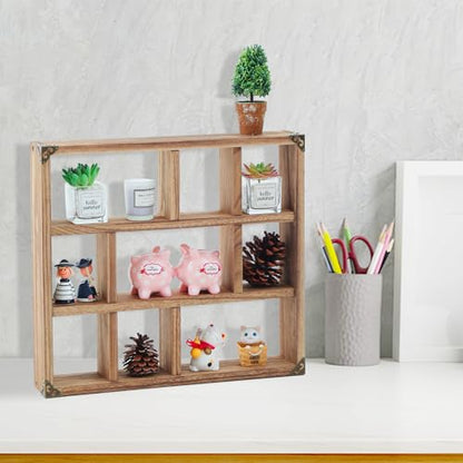 17.7x15.7-Inch Shadow Box Shelf 9-Slot Rustic Wood Floating Shelves Larger Shelf Lightweight Solid Wood Display(Set of 2,9C-Brown) - color: 9c-brown, size: 2 PCS