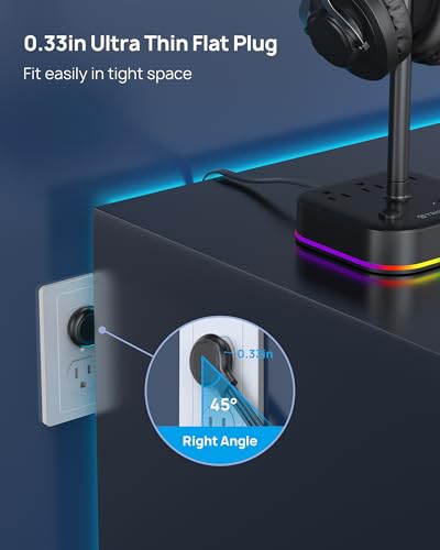 TROND Headphone Stand with USB C, Desk Gaming Headset Holder with 3 AC Outlets, 2 USB-A and 1 USB-C, Headset Stand with 5 RGB Light Modes, for Gaming Desk Accessories Gamer Boyfriend Gifts