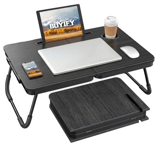 BUYIFY 23.4" Foldable Lap Desk Bed Table with Cup Holder Portable Tray | Folds Flat for Easy Storage, No Assembly Laptop Bed Desk, Sturdy and Lightweight, Versatile for Work Eat Study, Patent Design - color: Deep Black