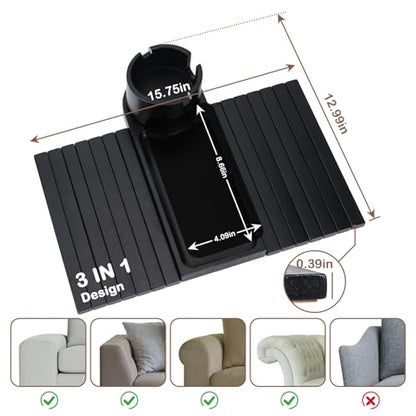Couch Cup Holder Tray for Armrests Over 4.9" Wide, Bamboo Couch Arm Tray with 360° Rotating Phone Stand, 3 in 1 Foldable Sofa Arm Tray Table for Remote, Snacks, Phone, Drinks Black - color: Black+bamboo