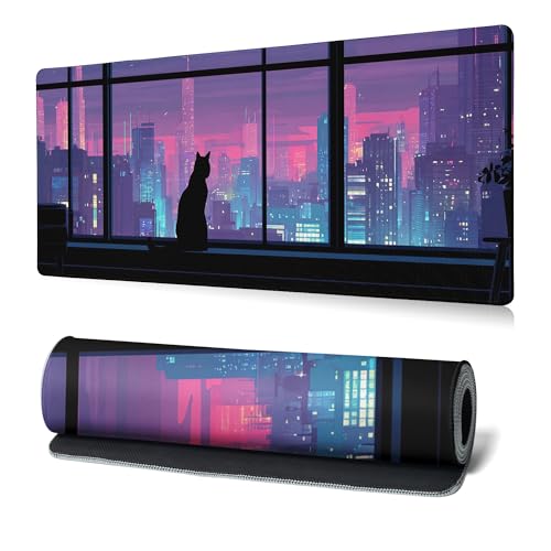 Cat Gaming Mouse Pad Abstract Kawaii Mouse Pad 31.5x11.8 Inch Cute Japanese Anime Desk Mat Non-Slip Rubber Base Large Mousepad Stitched Edges Keyboard Mouse Mat Desk Pad for Office and Home - color: Cat