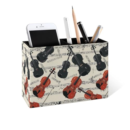 Famame Violins Black Music Notes Pencil Holder for Desk, Leather Desktop Container Pen Cup Storage Study Table Pen Organizer Makeup Brush Holder for Classroom Office Home - color: Violins Black Music Notes