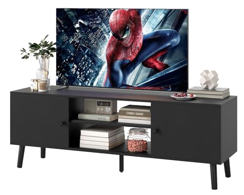FDW TV Stand for 55 60 Inch TVs,Entertainment Center with 2 Storage Cabinets and Open Shelves, Modern Media Console Table for Living Room, Bedroom, Home Office,Black - color: Black