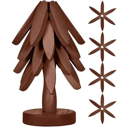 Wooden Cup Coaster Set，Tree Shape Trivet Set,Tree Coasters- 4 Wooden Trivets + 1 Stand stored for hot Dish/Pot/Bowl/teapot/hot Pot Set - color: Brown