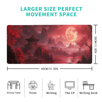Red Landscape Mouse Pad 31.5x11.8 Inch Red Full Desk Japanese Mousepad Extended Large Non-Slip Rubber Base Waterproof Big Keyboard Mat with Stitched Edges for Gaming and Office - color: Red Landscape