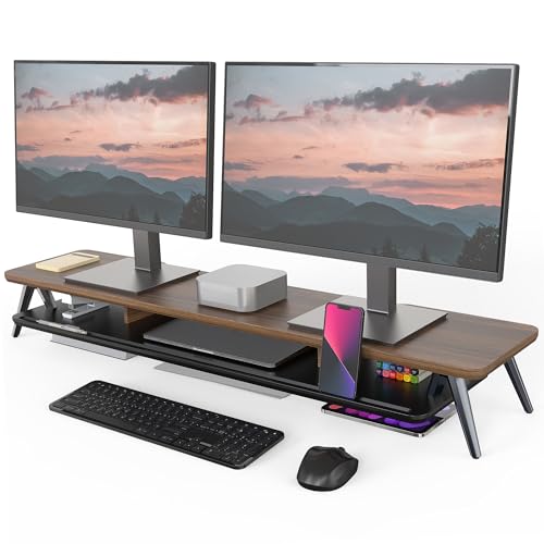 Fenge Dual Monitor Stand, Monitor Stands Riser for 2 monitors, 42.5 Inch Wood Desk Shelf with Storage Organizer and Cable Management for Office Desk Accessories - color: Walnut, size: 42.5 Inch