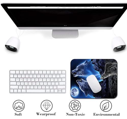 Wolves Howling at The Moon Mouse Pad, Bright Moon Great Mountain Desk Mat | Grey Wolf Fantasy Design, Anti-Slip Rubber Base, Silky Smooth Surface, Cute Office/Gaming Mousepad - color: color_CC15