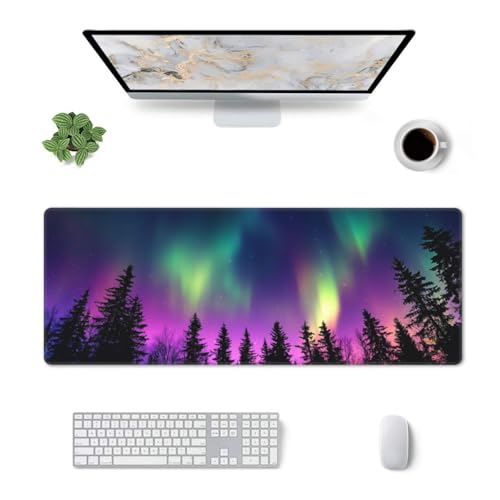 Aurora Gaming Mouse Pad, Northern Nature Forest Sky Large Extended Desk Mat 11.8X 31.5 inches with Non-Slip Base & Stitched Edges, Waterproof Desk Mat for Office, Home, Laptop, Computer Keyboard - color: Aurora_02