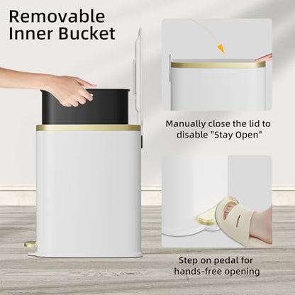 KUK Small Bathroom Trash Can with Lid Soft Close, Step Pedal, 2.6 Gal Stainless Steel Garbage Can with Removable Inner Bucket, Anti-Fingerprint Wastebasket for Office, Bedroom, Toilet (White) - color: Matt White-J-P