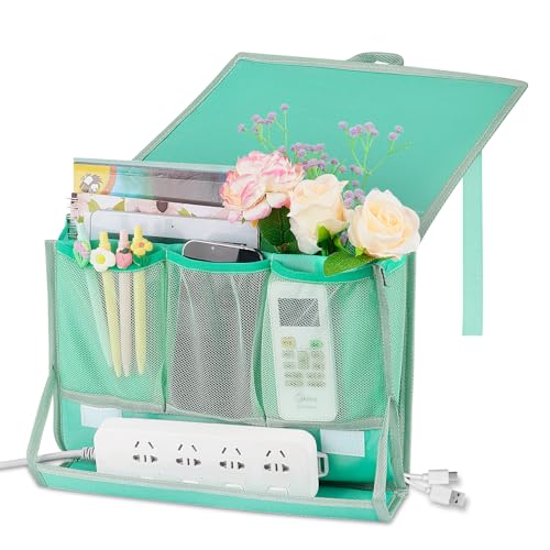Bedside Caddy Bedside Storage Organizer Bedside Organizer with Power Strip Holder and 2 Adjustable Straps for Home Bunk Bed College Dorm Sofa (Green) - color: Green