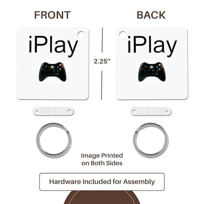 3dRose, iPlay, black lettering on white background, picture of game controller, Key Chain - size: set of 2 Key Chains