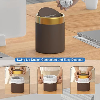 Countertop Trash Can with Lid for Desk Top,0.4 Gallon Stainless Steel Mini Trash Can for Desk、Car、Office、Kitchen,Swing Top Trash Bin with a Roll of Trash Bag(Brown) - color: Browm