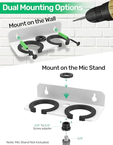 2-Slot White Multi Microphone Holder for Handheld Dynamic, Wired and Wireless Mics Storage Hanger, Double Microphone Stand, Rubber Padding/Wall Mounted or Mounted to 5/8"-27 or 3/8"-16 threaded Stand - size: White Mic Holder