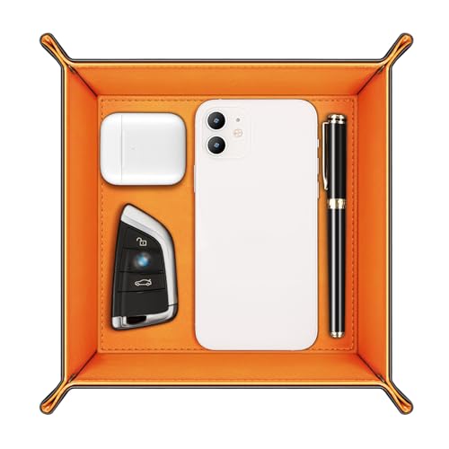 SITHON Valet Tray Desktop Storage Organizer – Premium PU Leather Catchall Bedside Vanity Tray Nightstand Caddy Holder for Remote Controller, Keys, Phone, Wallet, Coin, Jewelry (Orange) - color: Orange