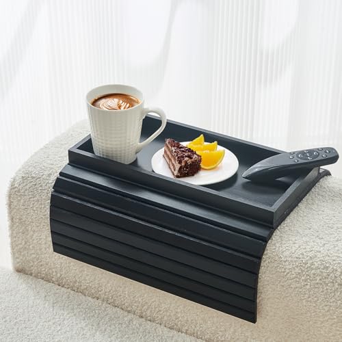 LOVYANXUE Bamboo Sofa Arm Tray, Anti Falling Couch Arm Tray Table, Foldable Couch Armrest Table, Portable Sofa Armrest Trays Cup Holder for Drink, Cups, Phone, Snacks, Remote - color: Black, size: Large (without Phone Holder)