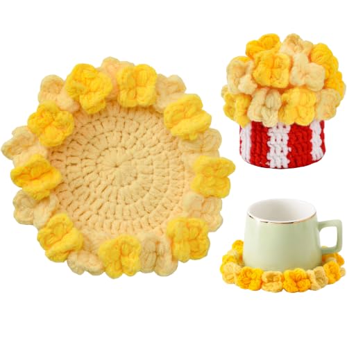Flower Crochet Coasters, Handmade Bouquet Blanket Coaster with Crochet Plant Pot Fun Soft Decorative Drink Coasters for Coffee Tabletop Protection and Home Decor (Popcorn Yellow, 1Pc) - color: Popcorn Yellow, size: 1Pc