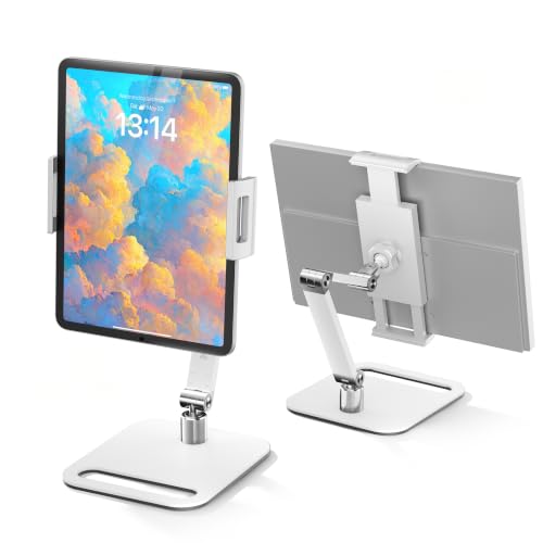 Portable Monitor Stand for 15.6'',17.3'', Tablet Stand Holder for iPad | Aluminum Alloy Foldable Arm Mount with 360° Swivel, Desk Holder Compatible with 4.7-17.3inch Tablet iPad Pro - color: White