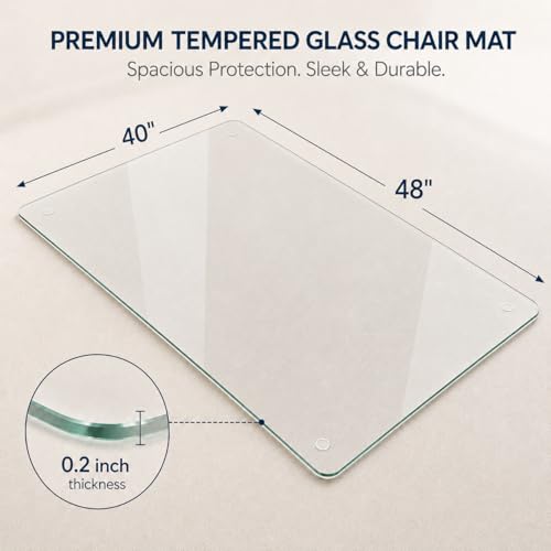 40 x 48 Inch Glass Chair Mat, 1/5 Inch Thick Tempered Glass Office Chair Mat for Carpet and Hardwood Floors, Heavy Duty Clear Computer Desk Floor Protector with 4 Anti-Slip Pads - size: 48" x 40"