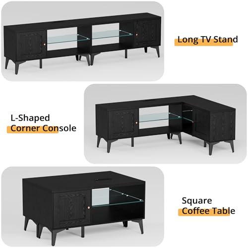 LIKIMIO 2-in-1 TV Stand for 85 Inch TV, Black TV Consoles with LED Lights | 2 Storage Cabinets & Adjustable Glass Shelves, with Charging Station, TV Table for Living Room & Bedroom