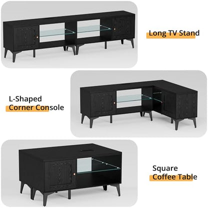 LIKIMIO 2-in-1 TV Stand for 85 Inch TV, Black TV Consoles with LED Lights | 2 Storage Cabinets & Adjustable Glass Shelves, with Charging Station, TV Table for Living Room & Bedroom