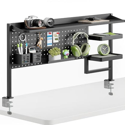 PEGZONE Clamp on Desk Shelf, 44" Desktop Shelving System, Black | with Pegboard and Accessories, Desktop Organizer with 2-Tier Shelf, Desk Pegboard for Office Home Gaming - color: Black