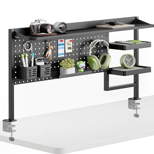 PEGZONE Clamp on Desk Shelf, 44" Desktop Shelving System, Black | with Pegboard and Accessories, Desktop Organizer with 2-Tier Shelf, Desk Pegboard for Office Home Gaming - color: Black