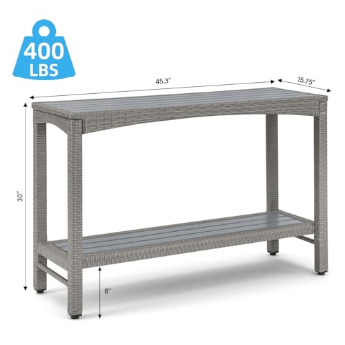 Outdoor Console Table Patio Buffet Bar Storage Organizer 45" Long Wicker Sofa Serving Sideboard Table 2-Shelf Outdoor Narrow Bar Table Tall Rectangle with Adjustable Feet for Entryway Grey - color: Grey
