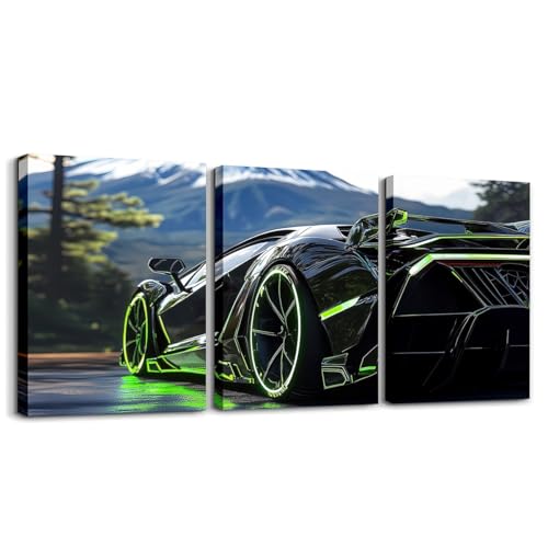 3D Kids Boys Sports Car Canvas Wall Art Set of 3 Green Race Car Wall Art for Kids Teen Boy Boys Racing Cars Wheel Poster Prints Girls Sports,12x16 - color: Black And Green