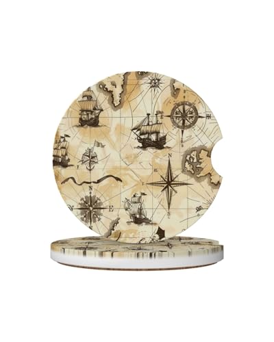 Car Cup Holder Coasters, 2 Pcs Ceramic Coasters with Finger Slot and Cork Back, Anti-Slip Shock Absorbing Women and Men Universal Car Accessories - Sailing - color: Sailing