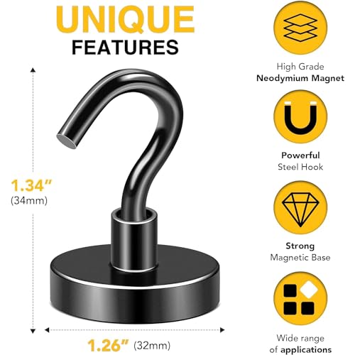 DIYMAG Black Magnetic Hooks, 120 LB Heavy Duty Strong Magnets with Hook, Rare Earth Neodymium Magnet for Cruise Cabins Ship Essentials 12 Packs - color: Black, size: 1.26in