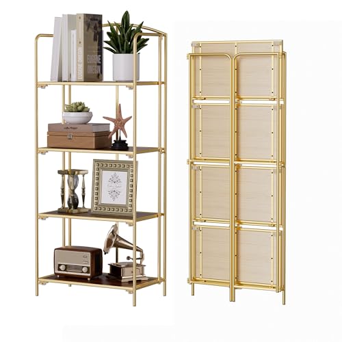 Crofy 4-Tier Foldable Bookshelf, Gold Frame & Walnut Shelves | No-Assembly Collapsible Portable Storage Organizer; Sturdy Walnut Finish Shelves; Ideal for Living Room & Home Office - color: Gold Frame & Walnut Shelf, size: 4 Tier