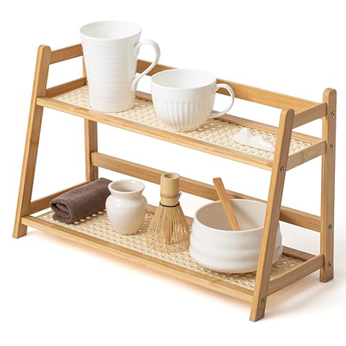 Yalikop 1 Pcs 2 Tier Matcha Station Shelf Bamboo Coffee Mug Stand Countertop Storage Rack, Double Layer Rattan Office Cup, Kitchen, Tea, Plant, Bar Accessories Condiment Display (Wood,17.7 Inch) - color: Wood Color, size: 17.7 inch