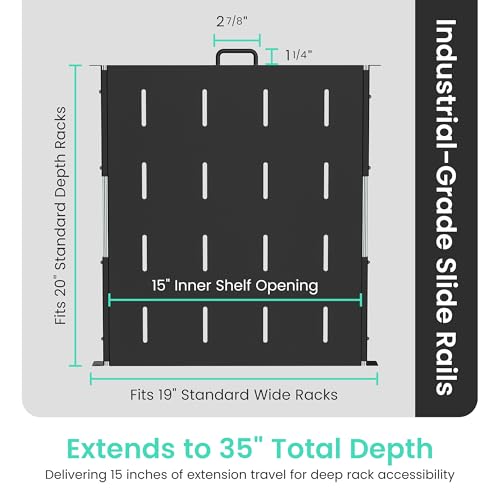 ynVISION.DESIGN 1U Sliding Rack Shelf – 20″ Deep Pull-Out Rack Mount Tray Extends to 35″, Fits 19″ 4-Post Server & AV Racks, Heavy Duty Steel Drawer Shelf, Network Cabinet Rack Shelf, 44 lb Capacity
