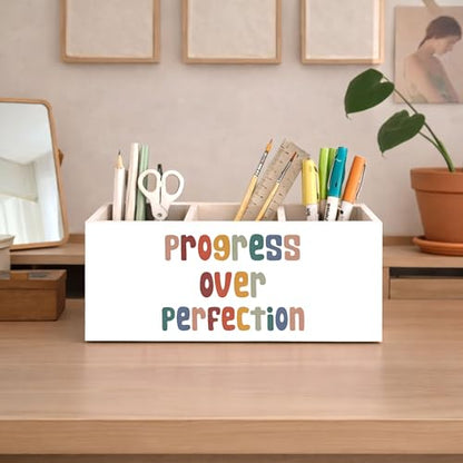 Progress Over Perfection Wooden Pen Holder | Motivational “Progress Over Perfection” design; 3-compartment wooden pencil caddy for office, home, or classroom desk. - color: Progress Over Perfection