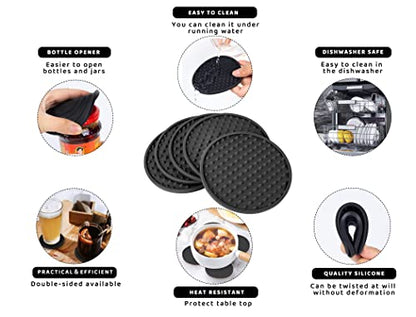 Coasters for Drinks 6 Pcs Drink Plastic Coaster with Holder,Heat Resistant Silicone Cup Mat Tabletop Protection,Non-Slip Rubber Coasters for Kinds of Cups (Black) - color: Black-plastic Holder