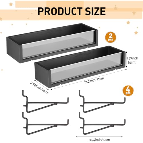 Marsui 2 Pcs Pegboard Shelf Wood with Acrylic 12.2 x 3.94 Inch Display Shelves Brackets with Metal Hooks Heavy Duty Pegboard Accessories for Storage and Organization(Black) - color: Black