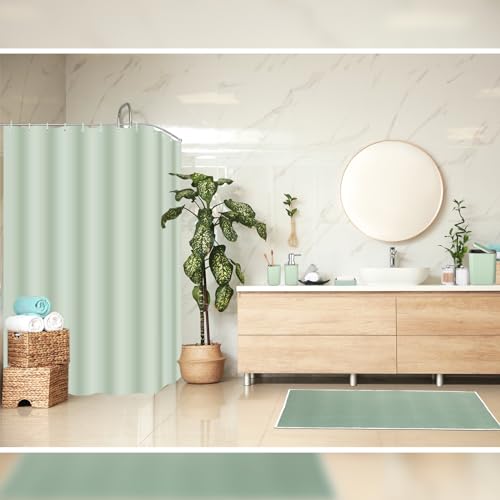 Hosuly 9 Pcs Bathroom Accessory Set Shower Curtain and 12 Hooks Table Trash Can Soap Dispenser Soap Dish Non Slip Bathroom Rugs Cup and Cotton Swab Holder Complete for Bathroom Decor (Sage Green) - size: Sage Green