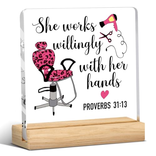 Hair Salon Decor, Pink Hairdresser Gifts, Salon Decor for Hair Stylist, Cosmetology Graduation Decorations, Thank You Gift for Hairstylist Women, Hairapist Proverbs 31:13 Acrylic Table Decoration - color: Hairapist Proverbs 31:13