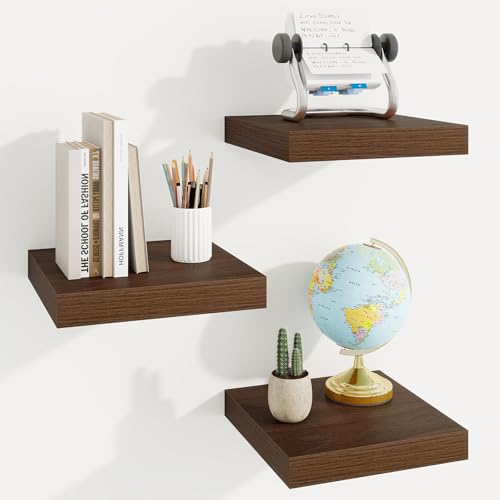 Square Floating Shelves for Wall, 9.25"W x 9.25"D x 1.25"H, 3 Pack Small Wall Mounted Engineered Wood Shelves with Invisible Brackets for Living Room, Bedroom, Bathroom, Kitchen Decor, Walnut - color: Dark Walnut With Invisible Metal Brackets, size: 9.25"