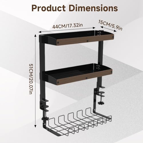 Clamp on Desk Shelf,17'' 2 Tier Office Desk Shelves Organizer with Under-Desk Hidden Storage Basket,Wood Desktop Supplies Storage Rack for Home Workspace, Study Rooms,Gaming Devices (Black) - color: Black