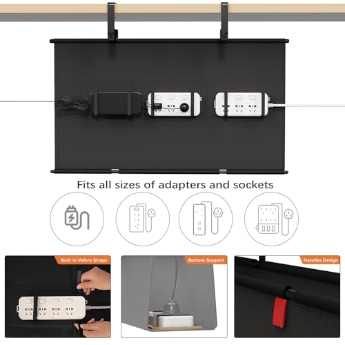 Under Desk Cable Management Tray - 28" Cord Organizer for Desk No Drill, Fabric Under Table Wire Organizer with 16X Cable Ties Hide for Office/Home, Cord Hider Fits Adapters & Sockets, Black - color: Black, size: 28'' L
