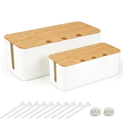 2 PCS Large Cable Management Box – Wooden Style Cord Organizer and Cover for TV Wires, Computer, Router, USB Hub and Under Desk Power Strip – Safe ABS Material