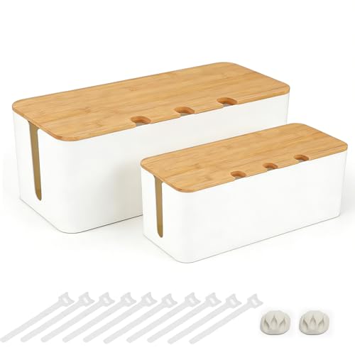2 PCS Large Cable Management Box – Wooden Style Cord Organizer and Cover for TV Wires, Computer, Router, USB Hub and Under Desk Power Strip – Safe ABS Material