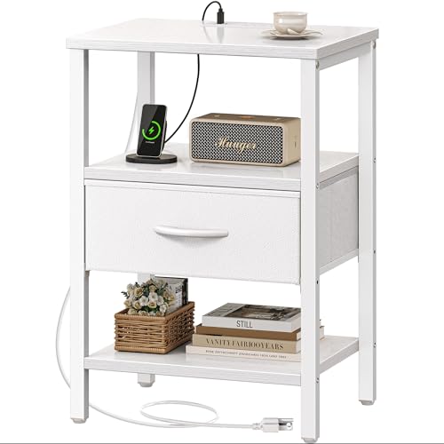 SUPERJARE Nightstand with Charging Station, Bed Side Table with Adjustable Fabric Drawer, Night Stand for Bedroom, 3-Tier Storage End Table, for Living Room, White - color: White, size: M (11.8"D x 15.7"W x 23.4"H)