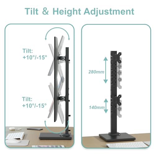 Suptek Dual Monitor Stand with Base Vertical Stack Screen Free-Standing Monitor Riser Fits Two Screen Max 36" & One Screen Max 43" with Swivel, Tilt, Height Adjustable,50,75 and 100mm Vesa Base Stand - size: 13-43in(single)/13-36in(dual)