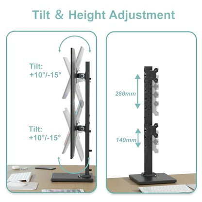 Suptek Dual Monitor Stand with Base Vertical Stack Screen Free-Standing Monitor Riser Fits Two Screen Max 36" & One Screen Max 43" with Swivel, Tilt, Height Adjustable,50,75 and 100mm Vesa Base Stand - size: 13-43in(single)/13-36in(dual)